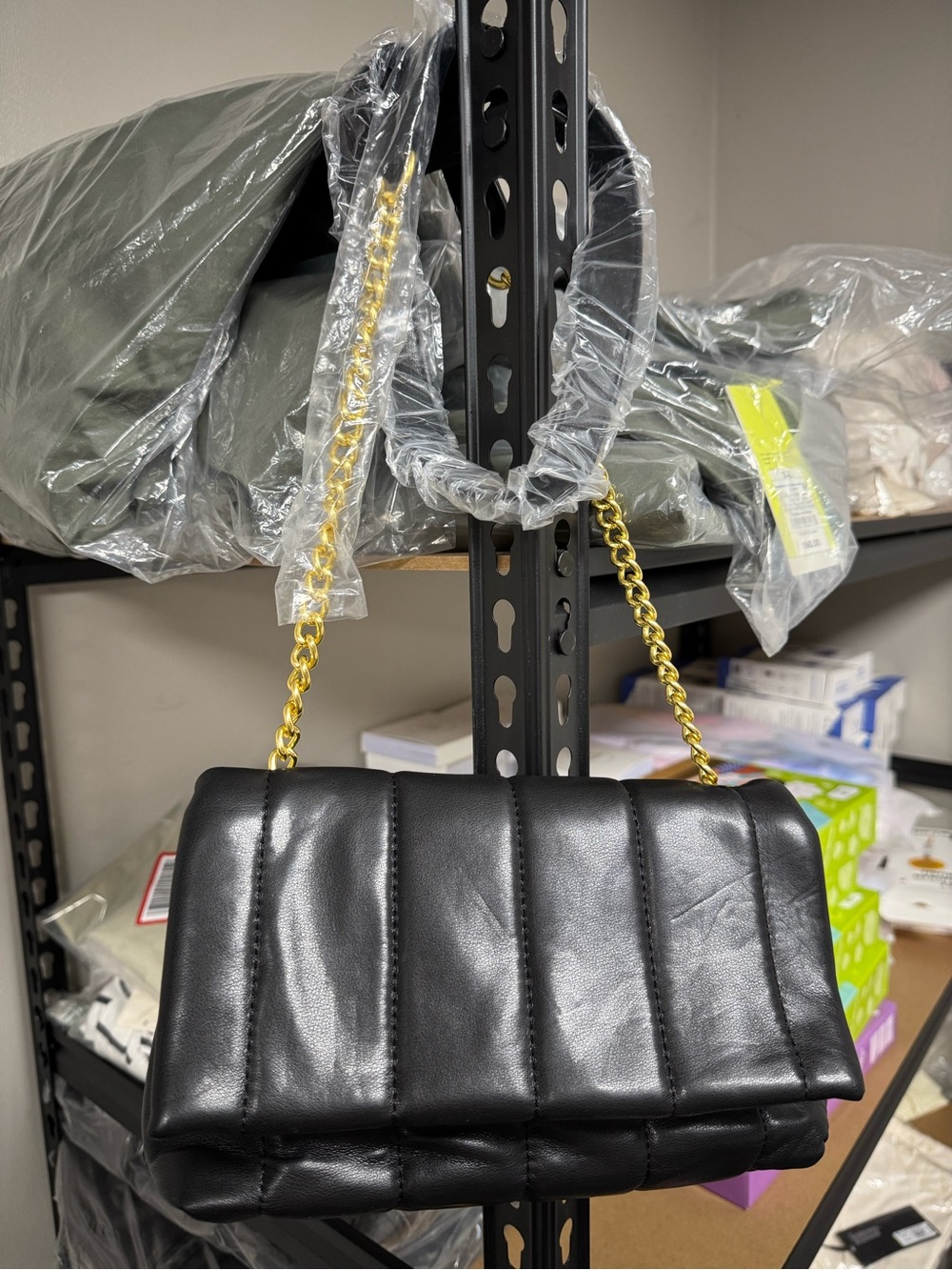 Black Quilted Chain-Handle Shoulder Bag - Gold Chain